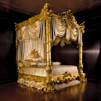lit baldaquin or crème baroque sculptural draperies semi transparents chambre coucher
