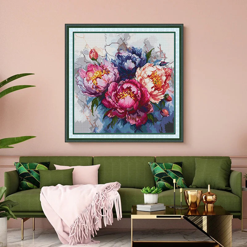 broderie fleur pivoines toile coton aiguilles fils instructions art floral decoration multicolore