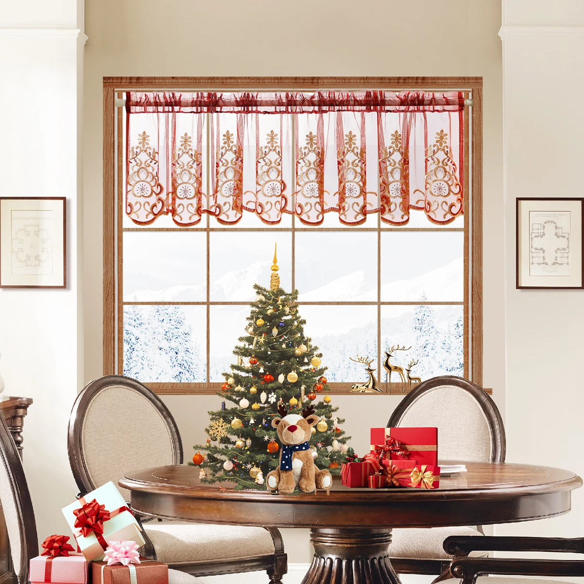 rideau rouge brodé transparent classique fenêtre cuisine polyester