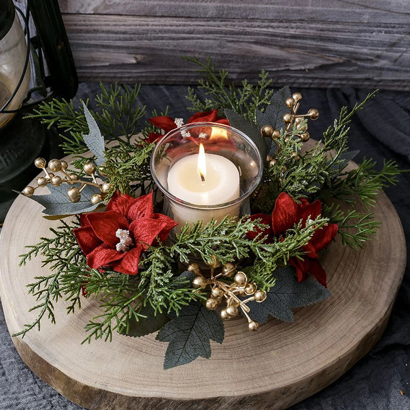 décoration intérieure bouquet fleurs artificielles bougie verre opalin rouge vert doré blanc hiver seasonal