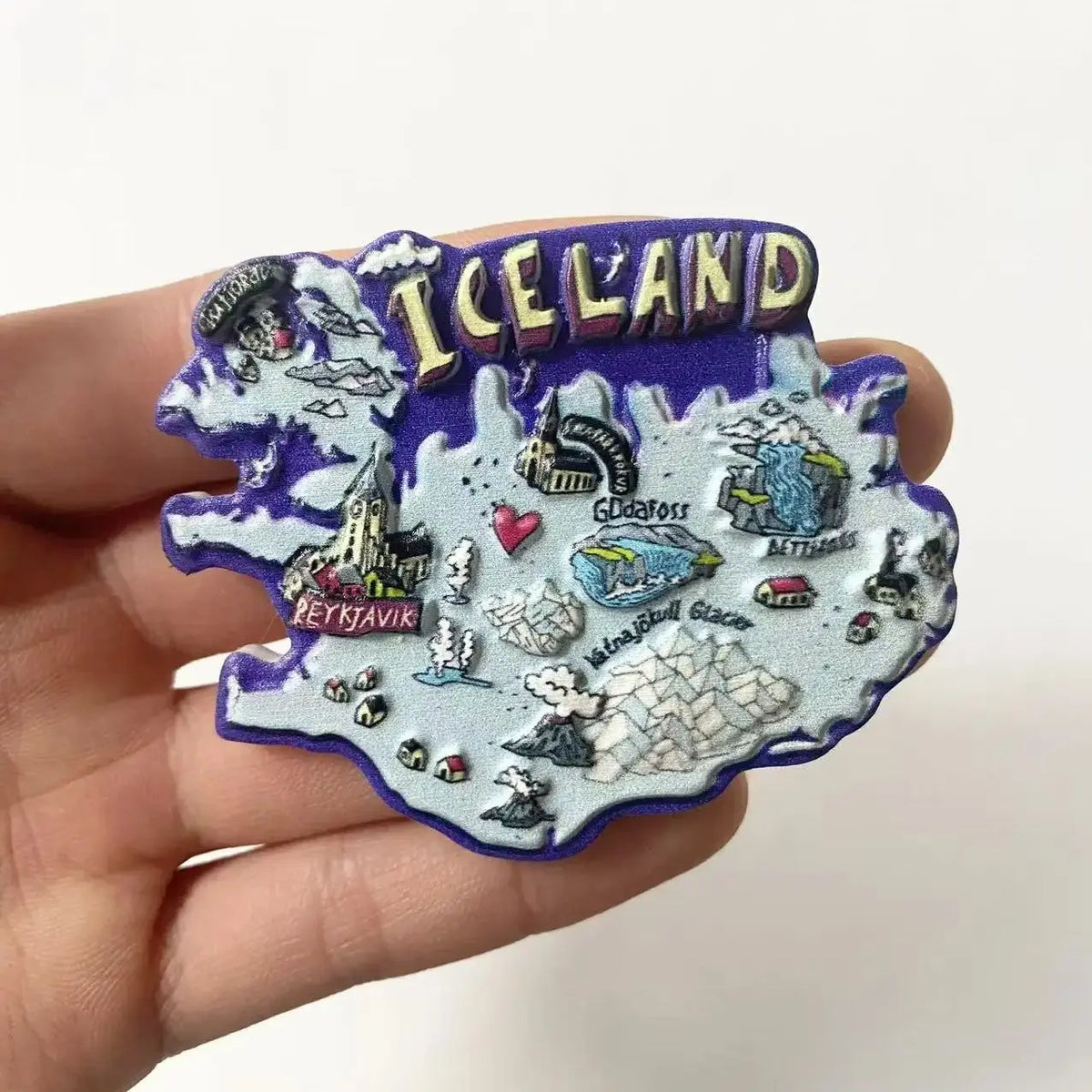 aimant souvenir carte islande paysages touristiques violet blanc gris bleu doré maison voyage