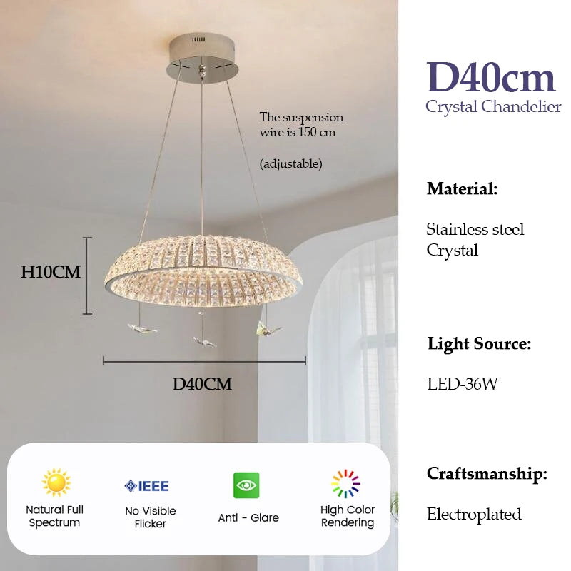 suspension lumineuse moderne cristal facettes papillons argentés interrupteur tactile 80cm diamètre