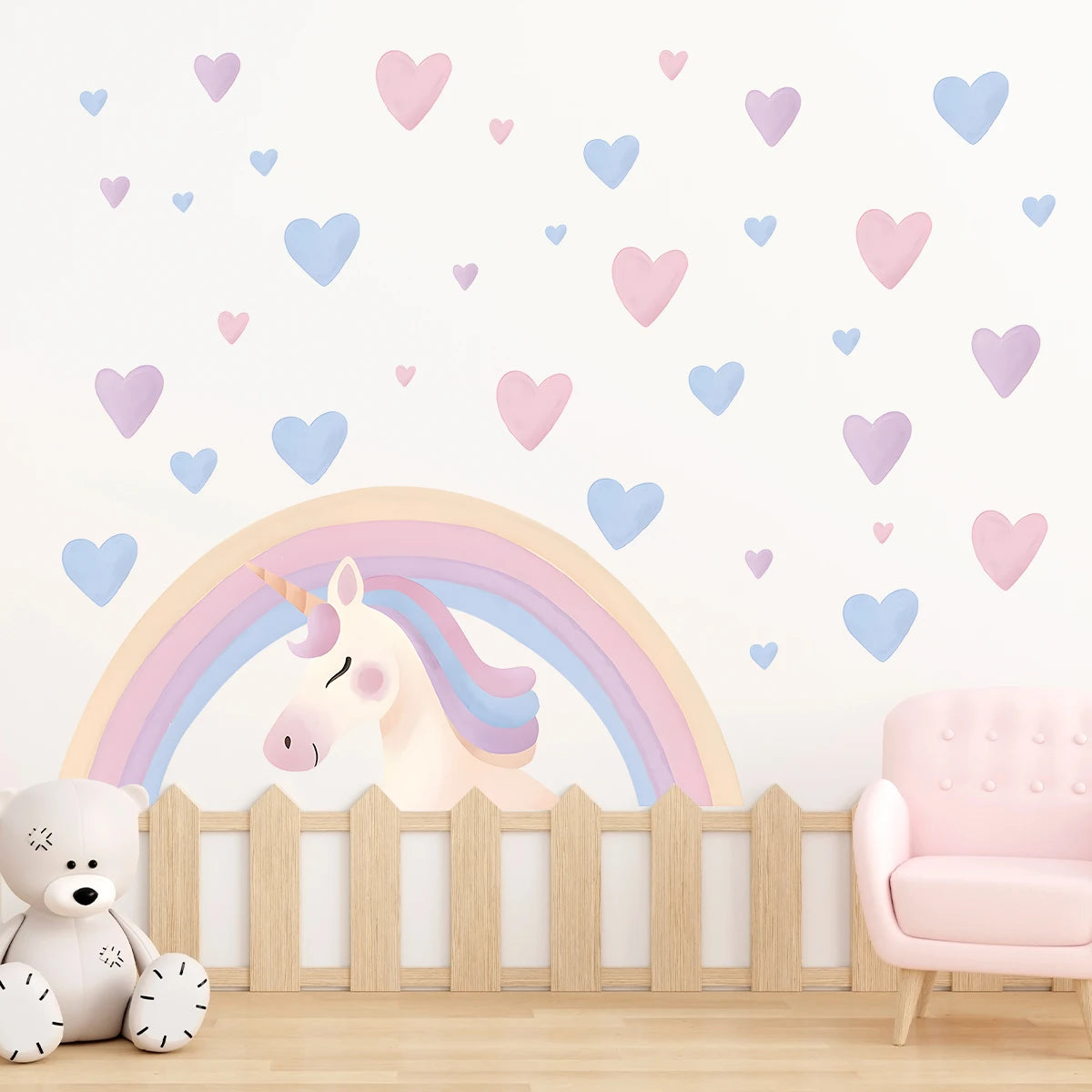 Stickers muraux licorne arc ciel cœur enfants chambre fille décoration pièce jouet vivante illustration