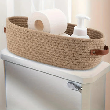 panier rangement ovale tissé coton beige blanc moderne poignées cuir salle bain