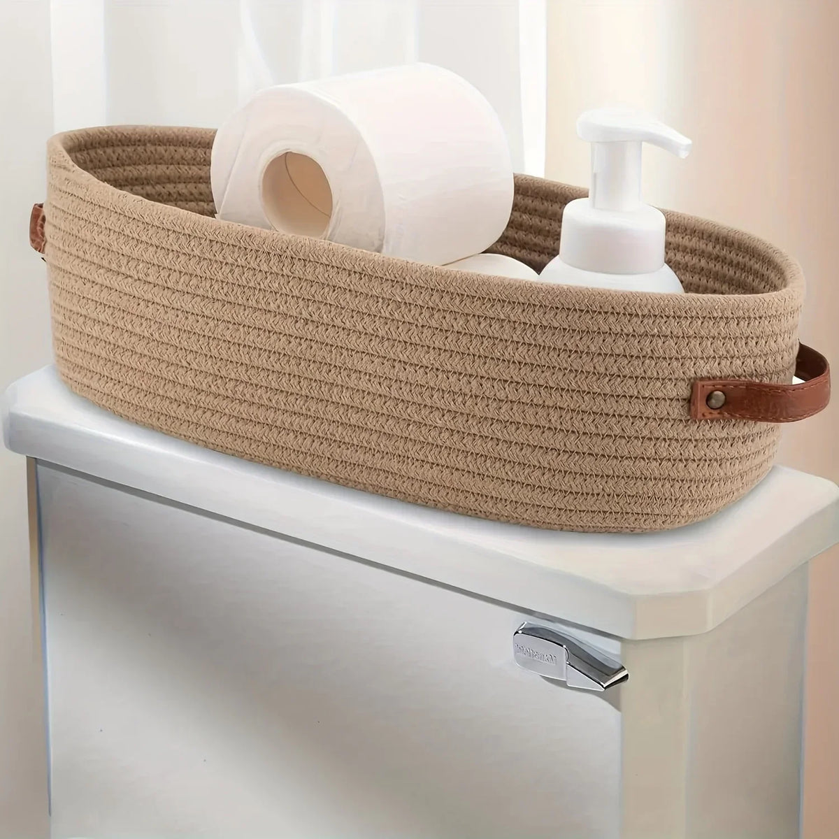 panier rangement ovale tissé coton beige blanc moderne poignées cuir salle bain
