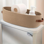 panier rangement ovale tissé coton beige blanc moderne poignées cuir salle bain