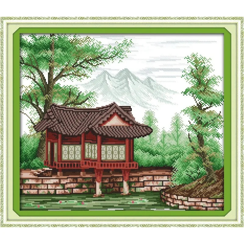 point croix paysage traditionnel arbres montagnes fruits toile coton imprimée broderie diy vert rouge