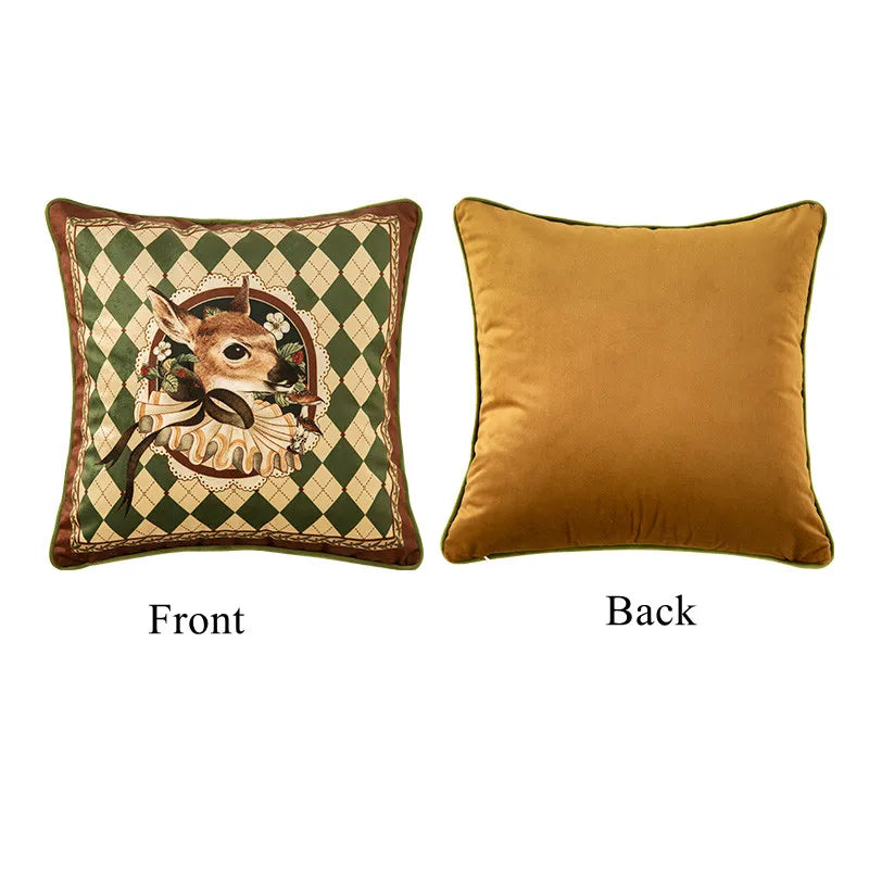 housse velours cerf motif floral farmhouse deco verte marron beige carré 45cm