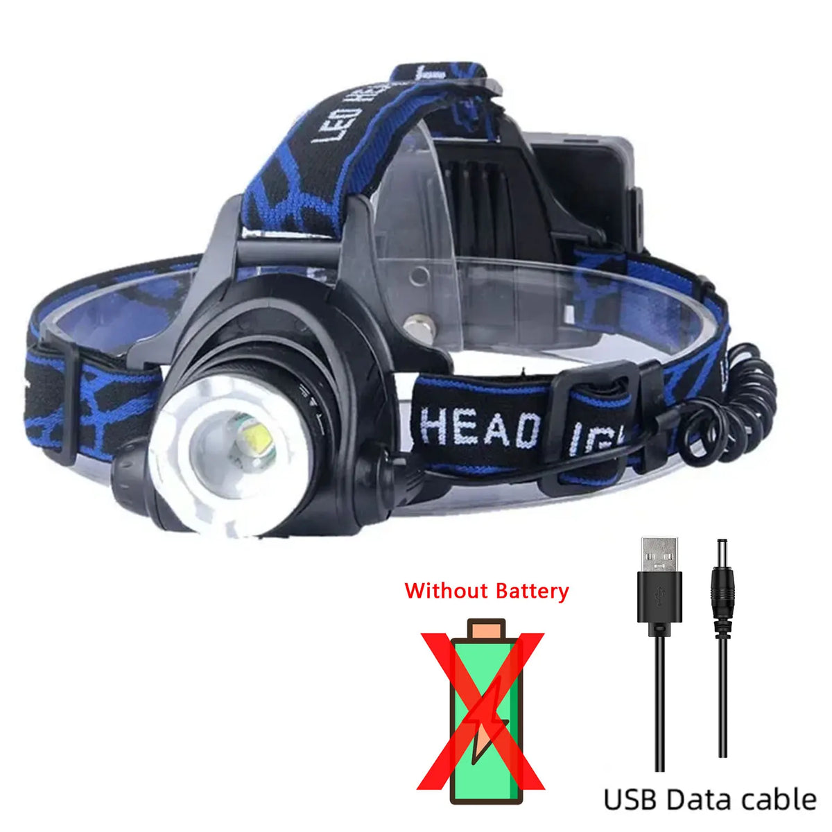 lampe frontale led rechargeable zoomable étanche hiking camping noir bleu rayures adjustable