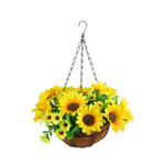 paniers suspendus fleurs artificielles jaunes violet bleu rouge blanc vert fibres naturelles patio jardinintérieur