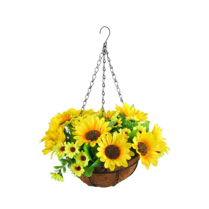 paniers suspendus fleurs artificielles jaunes violet bleu rouge blanc vert fibres naturelles patio jardinintérieur