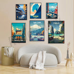 Une collection d'affiches de voyage illustrant différentes destinations comme Takayama, Cloudbreak, Tokyo, Lake Ashi et Phuket, créant une atmosphère de voyage et d'aventure dans la pièce.