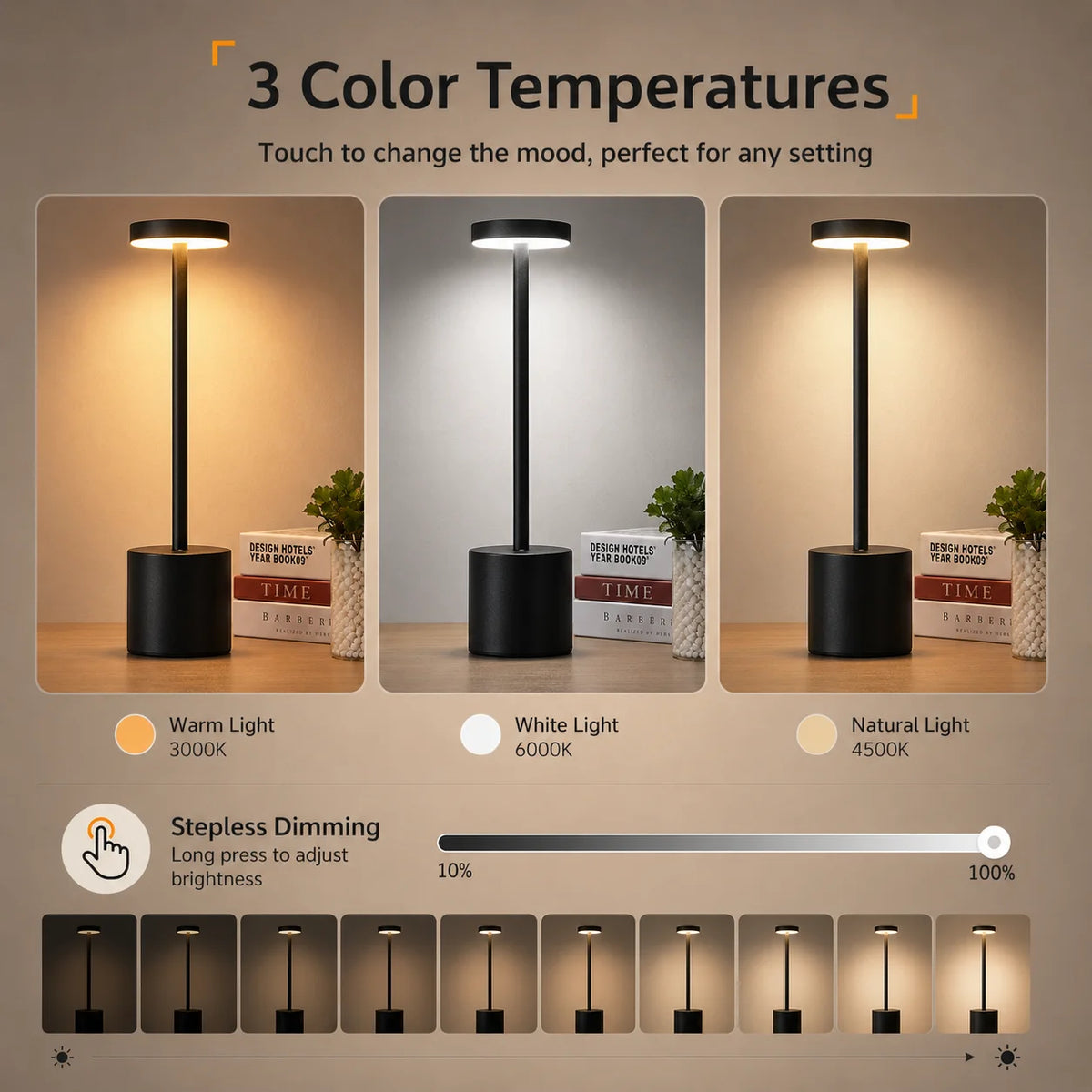 lampe table rechargeable sans fil led tactile noir moderne 60lm couleurs réglables minimaliste