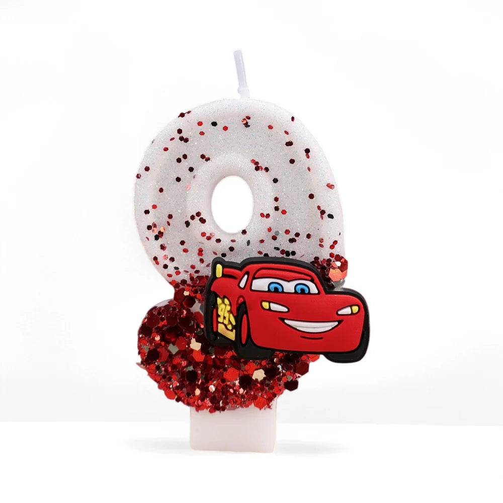 bougies anniversaire forme chiffre sequins motif voiture blanc rouge noir