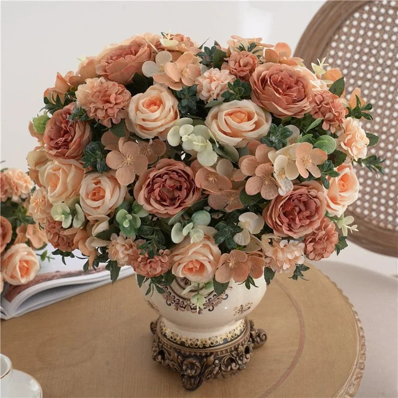 Bouquet artificiel roses blancs feuilles vertes décoration intérieure mariage romantique classique 30cm