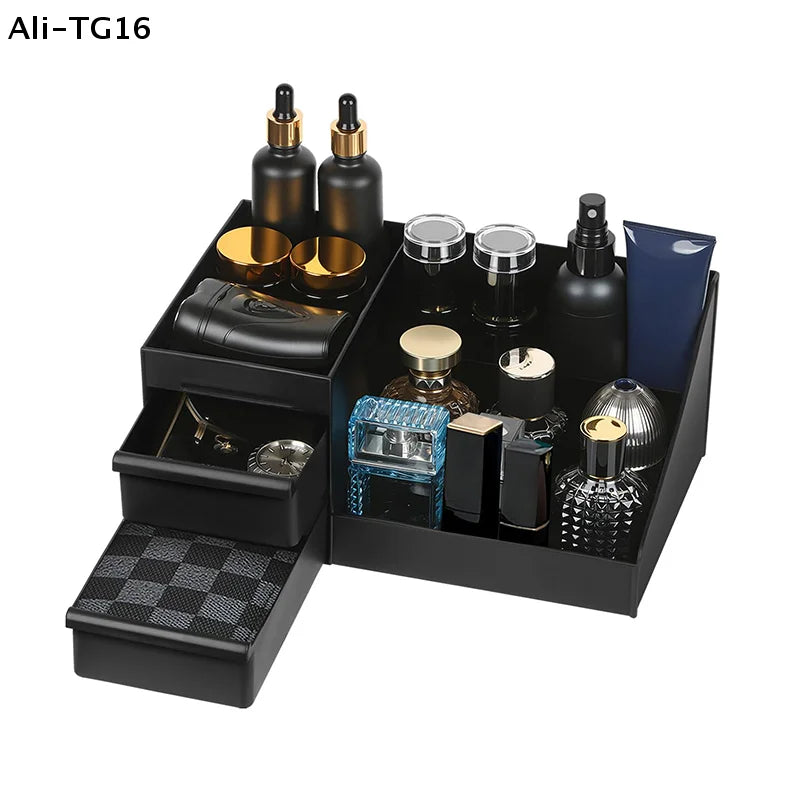 organisateur rangement homme compartiments tiroirs noir doré bouteilles crème rasoir montre bougies cotons moderne