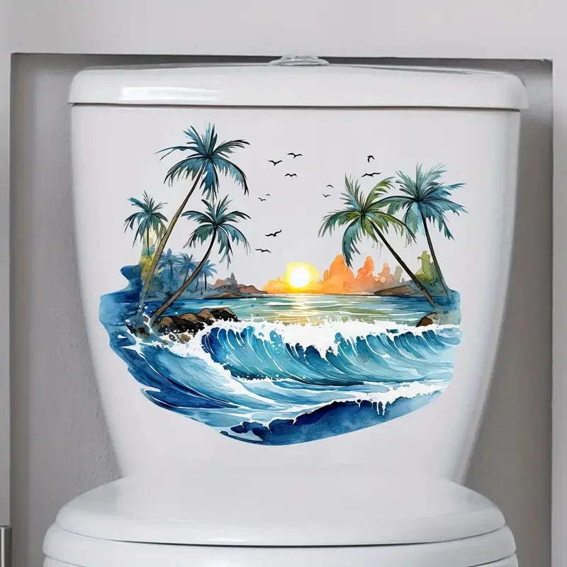 autocollants muraux réutilisables pvc paysage marin palmiers coucher soleil toilette moderne nature morte decorationintérieur