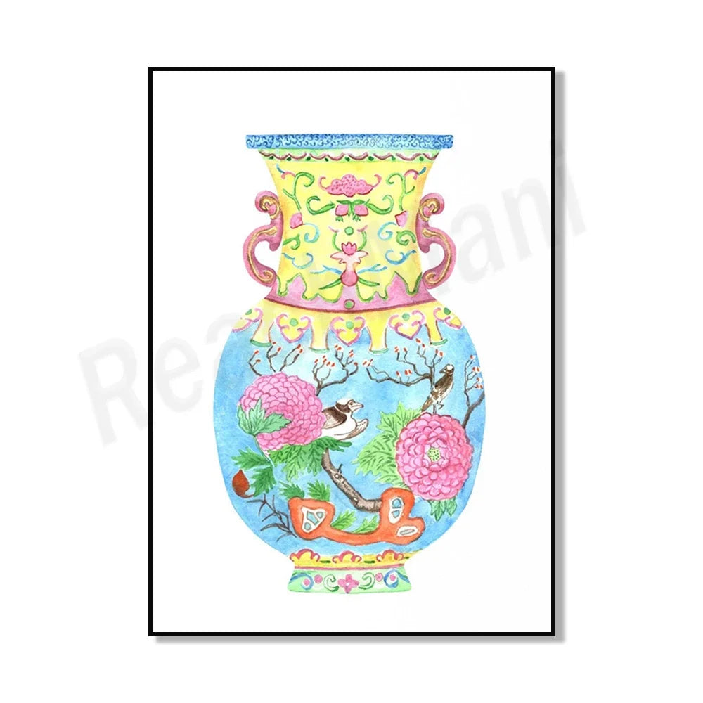 Vase coloré orné de fleurs et d'oiseaux sur fond bleu.