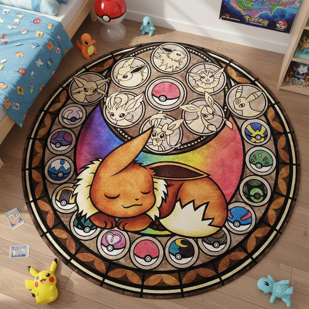 tapis pokémon poké balls peluche pikachu orange beige marron bleu jaune blanc noir retro