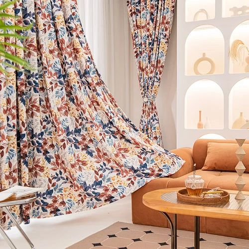 rideau moderne opaque motif feuilles stylisées salon chambre maison blanc bleu rouge marron