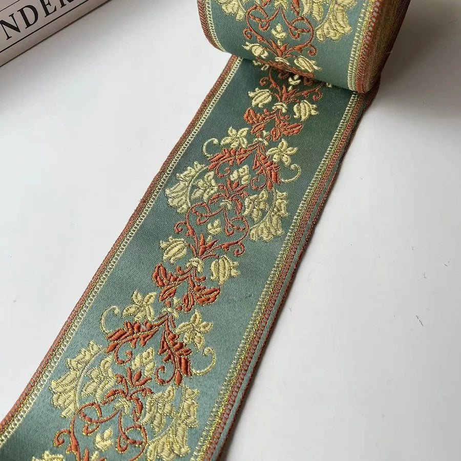 ruban brodé fleurs polyester largeur 9cm beige marron rouge vert élégant classique opaque