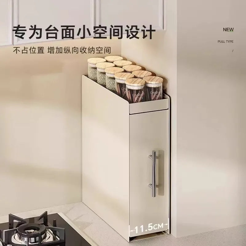 rangement cuisine blanc moderne cuillères bouteilles sauces épices poignées métalliques sans assemblage