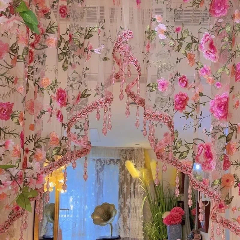 Rideau floral transparent brodé tulle papillons décoration romantique bohème maison