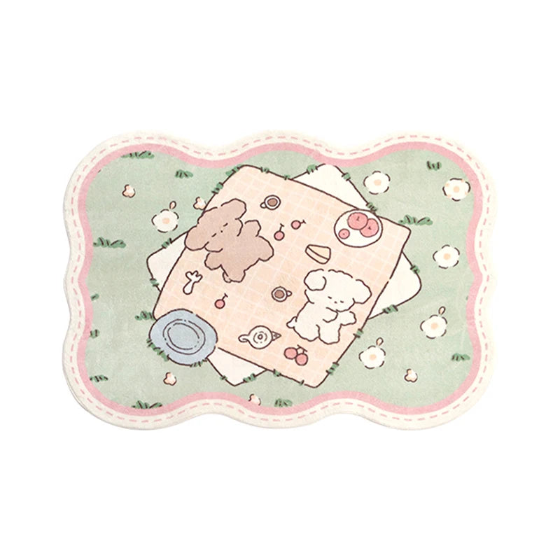 tapis dessin animé ours fruits fleurs vert clair rose pâle beige antidérapant confortable intérieur