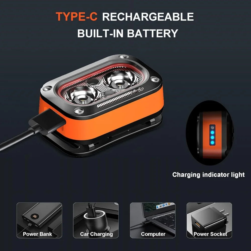 lampe frontale rechargeable led super bright waterproof orange noir adjustable belt fishing camping