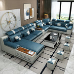 canapé d'angle moderne tissu composite bleu blanc gris noir motifs géométriques bluetooth
