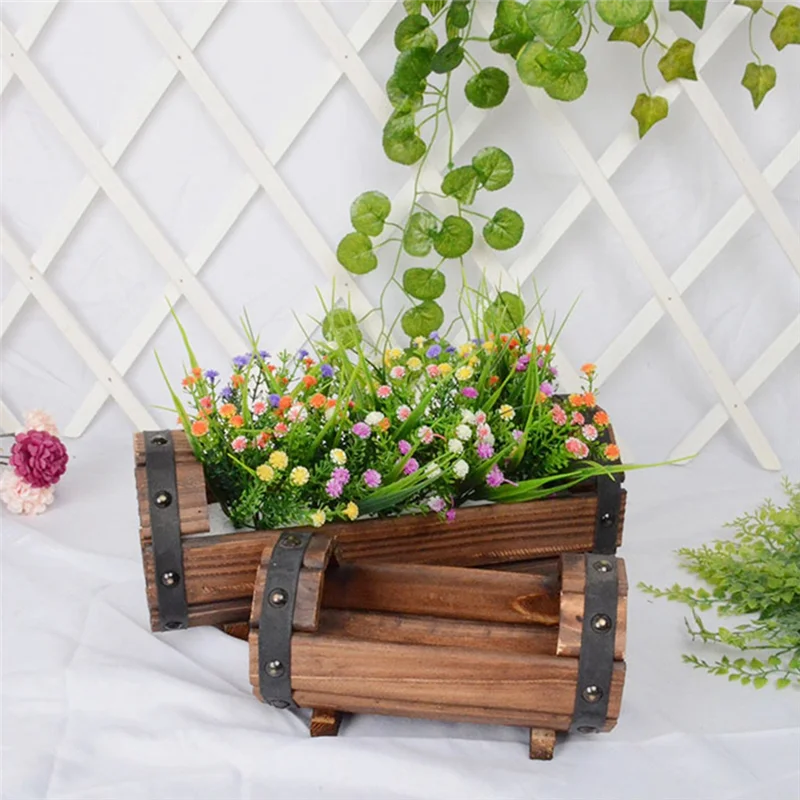 pots fleurs bois marron noir bandes rustique fleurs artificielles feuillage stabilisés