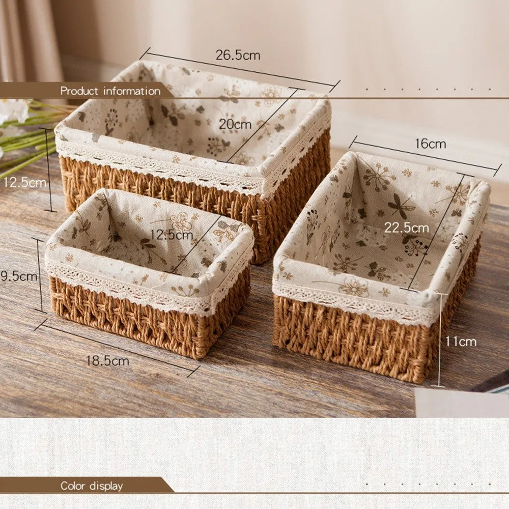 paniers rangement tissés imitation rattan floral beiges rustiques boho chic multifonctionnels stockage