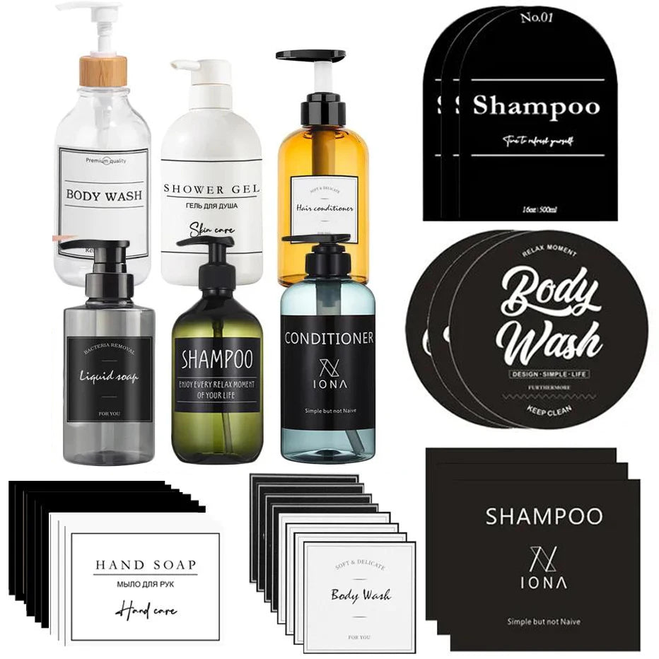 étiquettes imperméables bouteilles douche shampooing gel savon lotion minimaliste salle bain decoration fixations murales
