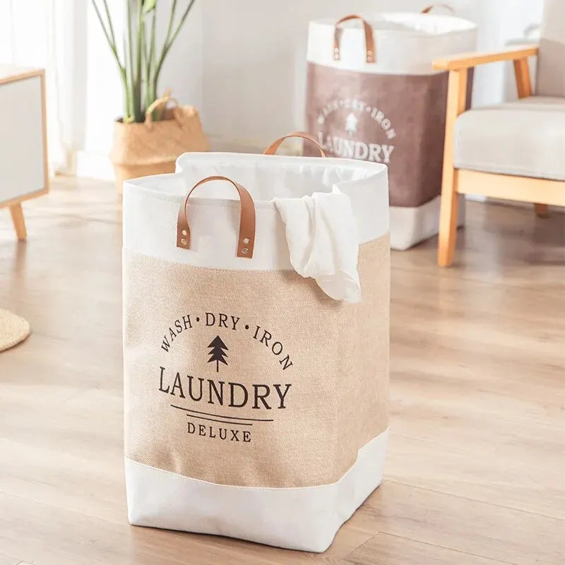 panier linge rustique vintage toile jute motif arbre poignées cuir beige blanc durable