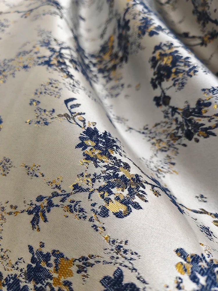 rideau classique blanc bleu doré fleurs branches stylisées opacité salon chambre fenêtre maison