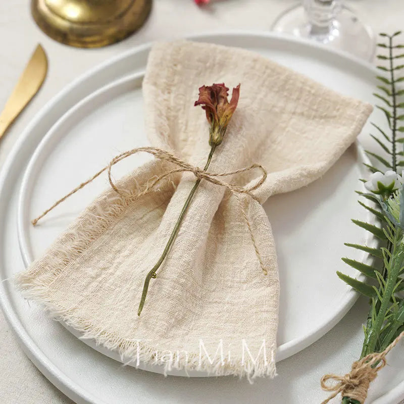 serviette table coton gaze rustique franges ruban jute