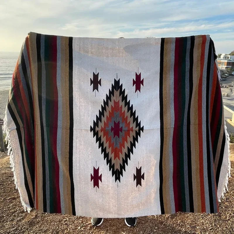 tapis multicolore aztèque triangles losanges franges ethnique portable pique nique voyage maison