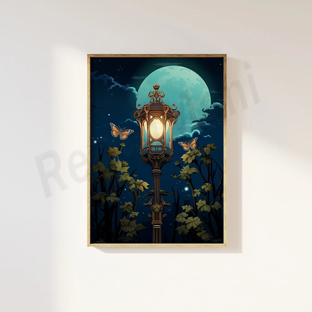 Cette image montre une lanterne illuminée dans un paysage nocturne enchanteur, avec une pleine lune brillante dans le ciel étoilé et des papillons volant autour de la scène.