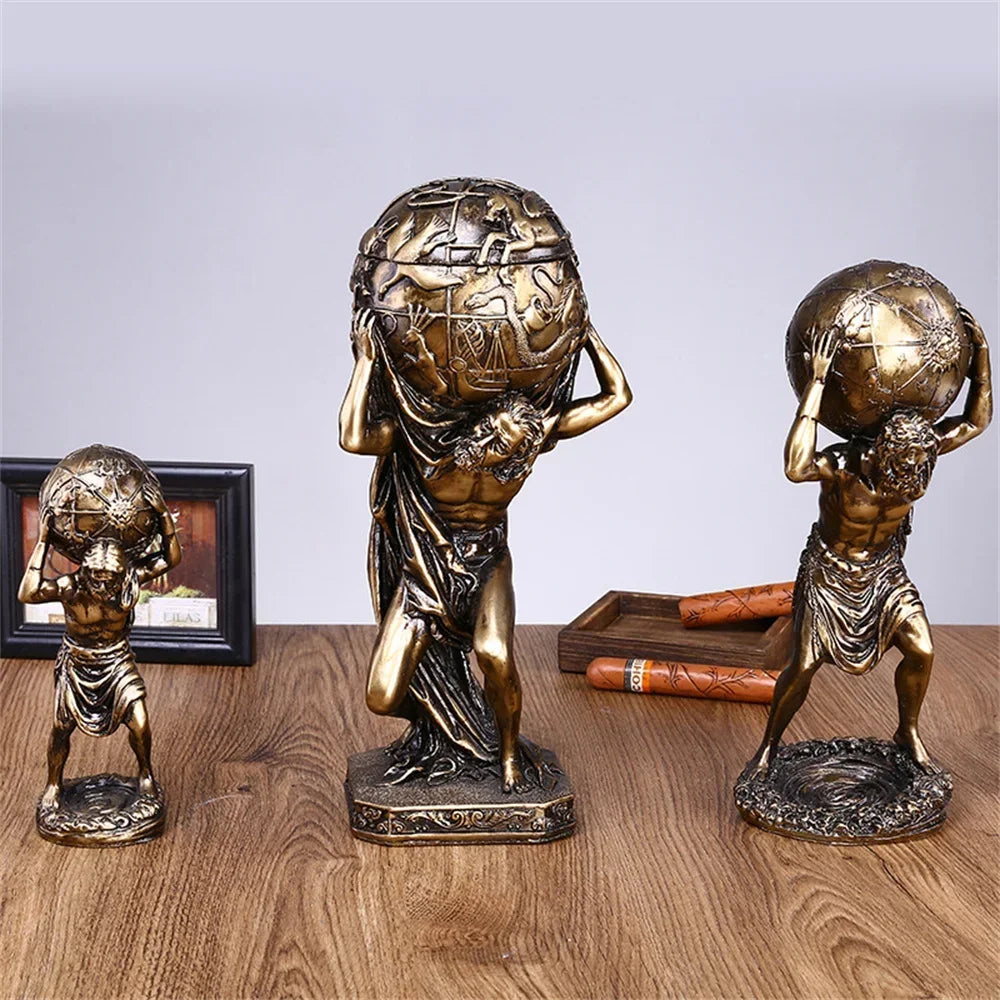 statue grecque atlas résine bronze doré détail homme globe terrestre décor maison