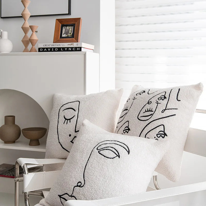 coussin abstrait brodé visages blanc moderne nordique 45x45cm decoration canapé chaise véhicule