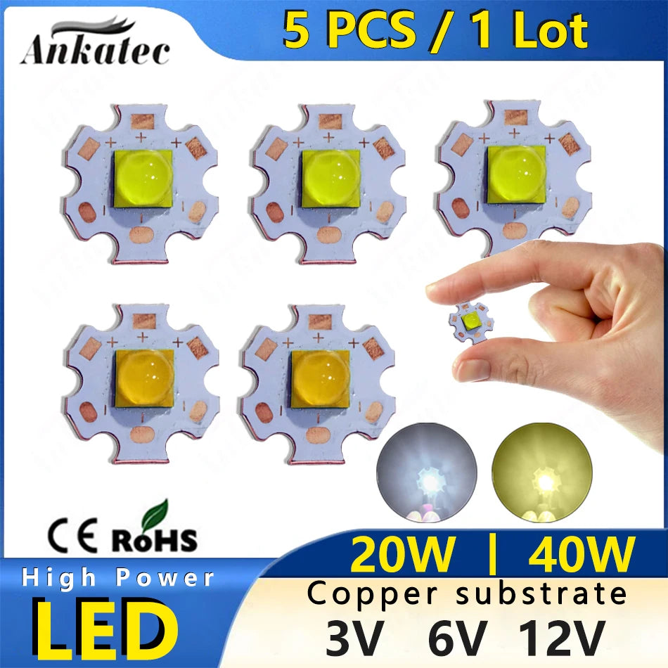 diodes led hautes puissances 20w 40w vert jaune blanc support cuivre smd 7070