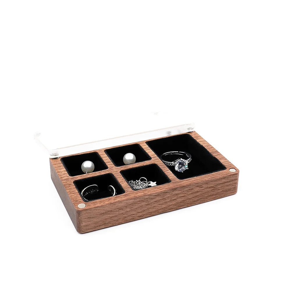 boîte bijoux bois foncé tissu intérieur moderne clips anneaux boucles d'oreilles colliers cadeau présentation