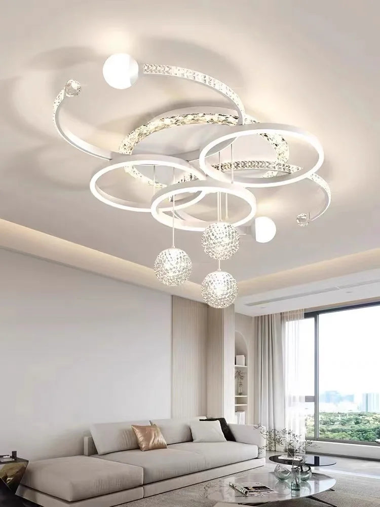 lustre moderne suspension contemporain argenté doré blanc noir globes translucides anneaux lumineux strass decoration