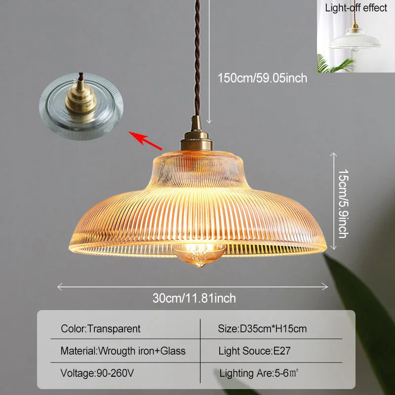 Lampe suspendue vintage vert transparent rayures cordon salon chambre dorée ledambiante