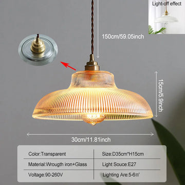 Lampe suspendue vintage vert transparent rayures cordon salon chambre dorée ledambiante