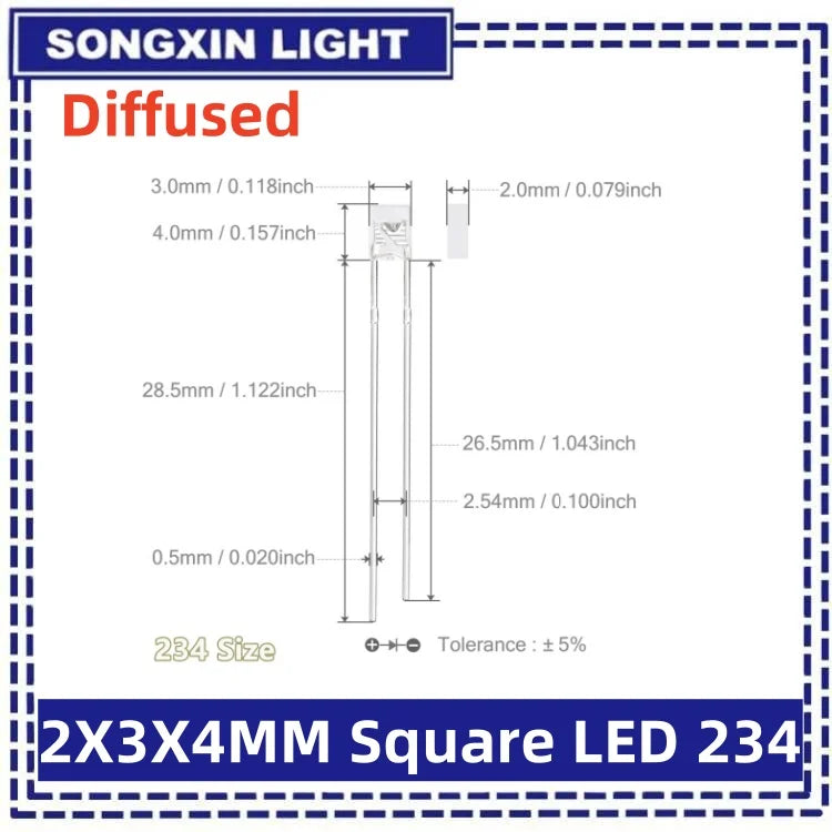 LED bleue rouge blanche jaune diffusée 2x3x4mm opaque rectangulaire 100 pièces