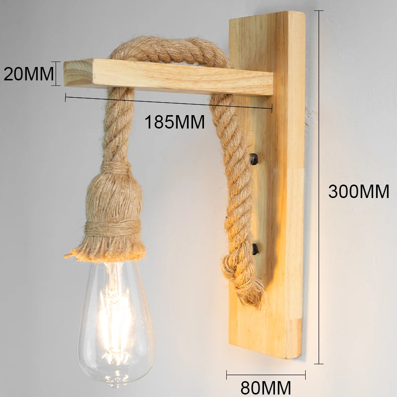 lampe suspension rustique bois naturel corde beige vintage éclairage mur fixé led e27
