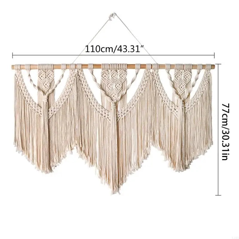 tapisserie macramé boho chic beige clair motifs géométriques franges crochet bois chambre salon
