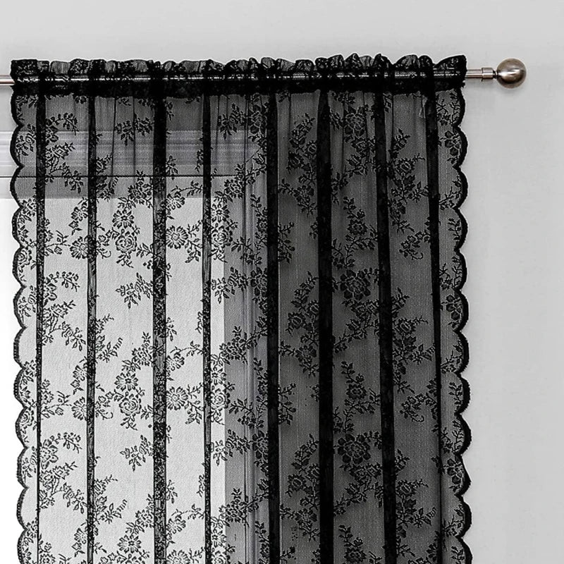 rideau floral dentelle noir polyester élégant fenêtre salon chambre transparent pastorale