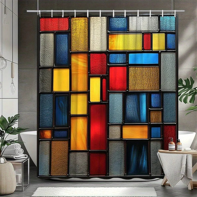 rideau douche mosaïque colorée texture grunge moderne rouge jaune bleu gris noir abstraite anneaux